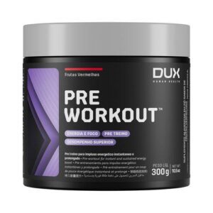 **Produto:** PRE WORKOUT ORIGINAL FRUTAS VERMELHAS - 300G **Descrição Geral:** O PRE WORKOUT ORIGINAL da DUX é um suplemento pré-treino formulado para proporcionar um impulso energético instantâneo e prolongado. Ideal para atletas e praticantes de atividades físicas que buscam maximizar seu desempenho durante treinos e competições. **Características e Benefícios:** - **Fórmula Super Concentrada:** Cada porção (15g) contém uma mistura potente de ingredientes que favorecem a performance atlética. - **Energizante:** Contém 300 mg de cafeína, proporcionando um aumento significativo de energia e foco. - **Aumento de Desempenho:** A combinação de 1.500 mg de taurina, 2.000 mg de beta-alanina e 3.000 mg de L-arginina auxilia na otimização da entrega de nutrientes aos músculos e na redução da fadiga. - **BCAAs:** Inclui 3.550 mg de BCAAs (L-Leucina, L-Valina, L-Isoleucina) que são essenciais para a recuperação muscular e redução da degradação proteica durante o exercício. - **Mix de Vitaminas:** Enriquecido com vitaminas essenciais como B1, B2, B3, B9, B12 e D-biotina que ajudam no metabolismo energético. - **Sabor:** Disponível no sabor Frutas Vermelhas, oferecendo uma experiência gustativa agradável. **Sugestão de Uso:** Misturar 1 scoop (15g) em 200 mL de água, agitar bem até obter uma mistura homogênea e consumir antes do início do treino. **Composição:** - Água de coco em pó - Beta-alanina - L-Arginina - Taurina - Dextrose - Niacinamida (Vitamina B3) - Riboflavina (Vitamina B2) - Tiamina mononitrato (Vitamina B1) - Ácido fólico (Vitamina B9) - D-biotina - Cianocobalamina (Vitamina B12) - L-Leucina - L-Valina - L-Isoleucina - Guaraná em pó - Regulador de acidez (ácido cítrico) - Aromatizantes - Corante carmins - Antiumectante (fosfato tricálcico) - Edulcorante (sucralose) **Informações Nutricionais (por porção de 15g):** - Valor energético: 25 kcal - Carboidratos: 6,2 g - Açúcares totais: 1,7 g - Açúcares adicionados: 1,7 g - Proteínas: 0 g - Beta-alanina: 2 g - Isoleucina: 500 mg - Leucina: 1.000 mg - Valina: 550 mg - Arginina: 2.000 mg - Sódio: 6,2 mg - Vitamina B1: 1,6 mg (133% VD) - Vitamina B2: 1,7 mg (142% VD) - Vitamina B3: 21 mg (140% VD) - Vitamina B7: 40 µg (133% VD) - Vitamina B9: 320 µg (80% VD) - Vitamina B12: 3,2 µg (133% VD) - Taurina: 1.500 mg - Cafeína: 300 mg **Observações:** - Contém glúten. - Não exceder a dose recomendada. **Atributos e Categorias:** - Tipo de produto: Suplemento alimentar - Categoria: Pré-treino - Formato: Pó - Sabor: Frutas Vermelhas - Indicação: Aumento de energia, foco, resistência e desempenho - Público-alvo: Atletas e praticantes de atividades físicas - Composição: Com ingredientes naturais e vitaminas - Apresentação: Embalagem de 300g **Tags:** - Pré-treino - Energia - Desempenho - Foco - Nutrição esportiva - Suplemento para atletas